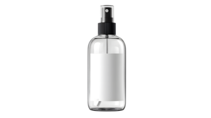 Clear spray bottle with black pump isolated on a transparent background