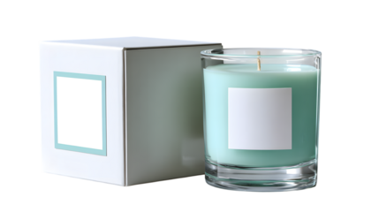 Light green candle in glass jar with box isolated on a transparent background