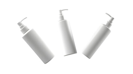 Three white plastic bottles with pump dispensers isolated on a transparent background