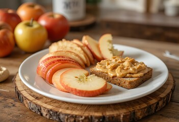 A nutritious and delicious snack featuring freshly sliced apples and creamy peanut butter toast. apples and peanut butter