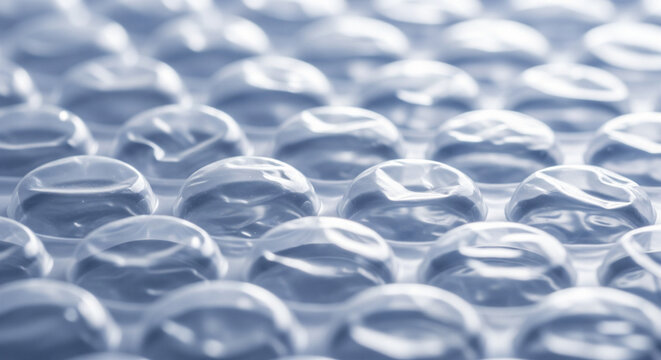 Close-up of blue-tinted bubble wrap material with reflective surfaces and organized rows