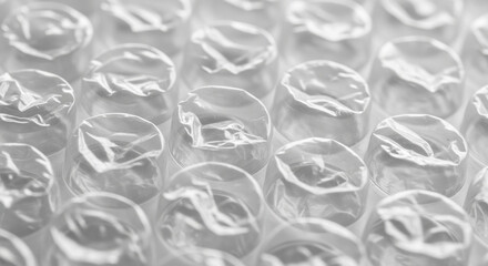 Wide-angle macro shot of blue bubble wrap showing a repetitive pattern and cool lighting.