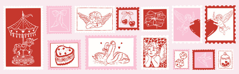 Vintage Valentine’s day stamp collection in red and pink tones. Hand-drawn cupid, hearts, swans, cake, gifts and romantic symbols. Perfect for love letters, cards, packaging and holiday designs. © Tasha