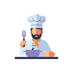 Chef preparing food in a kitchen with utensils.