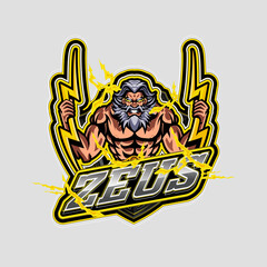 Powerful zeus mascot logo design for e-sports gaming emblem thunder god with lightning yellow modern concept style badges. Perfect for e-sports teams, gaming clans, branding, apparel, or merchandise.
