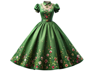 Classic Vintage Green Dress with Floral Motif, isolated on a transparent background