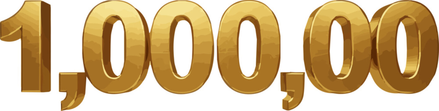 Create a 1.000.000 One million dollars golden number. Metallic gold numbers vector art with white background..