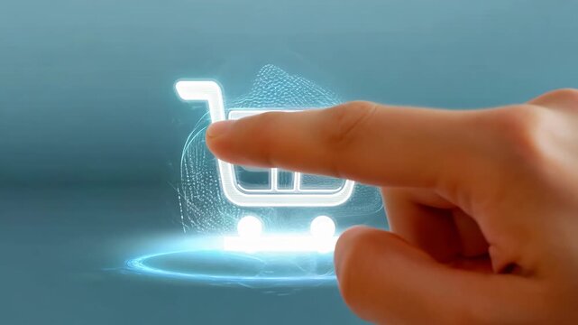 A futuristic image showcasing a glowing holographic shopping cart symbol with a human hand preparing to interact. depicts e-commerce innovation, digital marketplaces, and technology-driven consumer ex