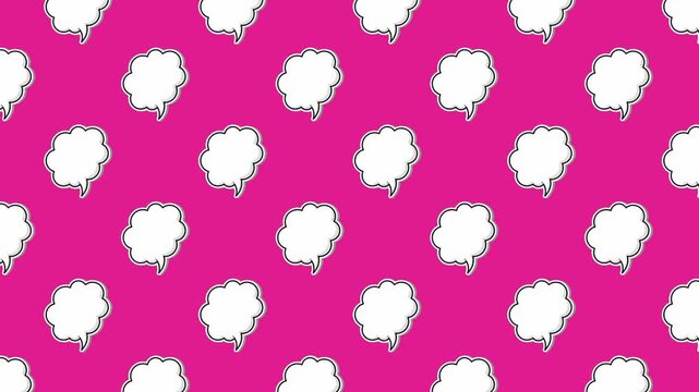 Vibrant pop-art animation featuring a seamless pattern of pastel pink speech bubbles on a bright magenta background. Minimalist 2D cartoon clouds moving diagonally for creative social media content