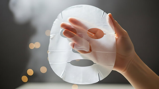 Hand holding white facial steamer mask.