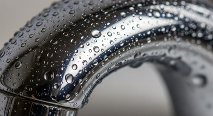 Macro view of a shiny metal faucet with water beads and soft bokeh background
