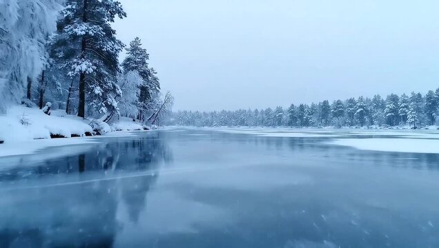 Peaceful Cold Season Lake With Snowfall Cinematic Video