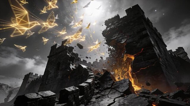 Massive fortress of black stone melting and collapsing under its own weight, its heavy structure dissolving into flowing fragments. Above the ruin, a sky filled with glowing abstract bird‑like forms.