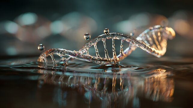 Close-up of a DNA double helix model submerged in reflective liquid, illuminated with warm and cool tones - Powered by Adobe