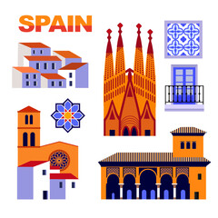 set of spanish buildings vector icons