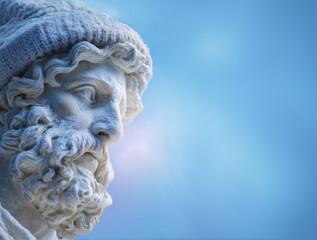 Ancient marble statue of Greek god with wool cap, cold frozen feeling, soft blue bright background with softbox lighting, space for text, ideal for editorial design, advertising, social media, and edu
