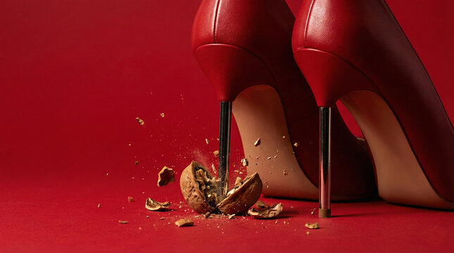 Red high heel stiletto shoe crushing a walnut