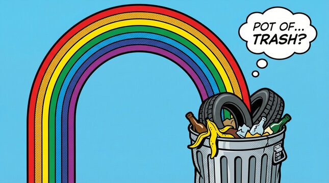 Ironical pot of trash at the end of a rainbow