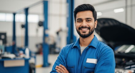 cheerful indian auto mechanic in a blue uniform standing with arms crossed