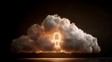 Glowing padlock centered within a cloud formation, symbolizing data security against a dark backdrop