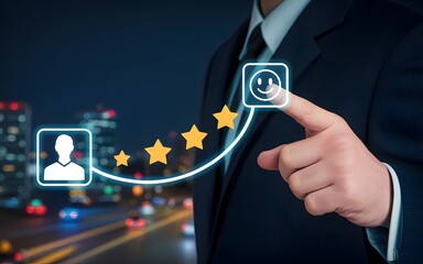 Businessman interacting with digital interface rating feedback icons on cityscape background at night