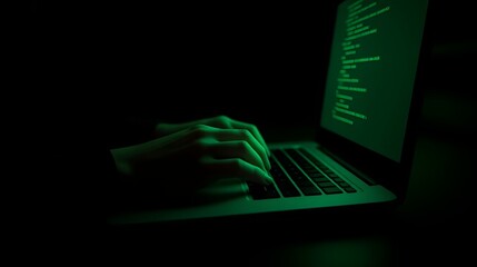 Hacker typing on laptop in dark room with green code on screen