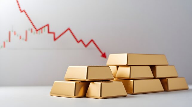Gold bars stacked with declining stock market graph in background - Powered by Adobe