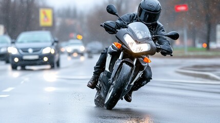 Motorcycle rider navigating a wet road in urban area during rainy weather