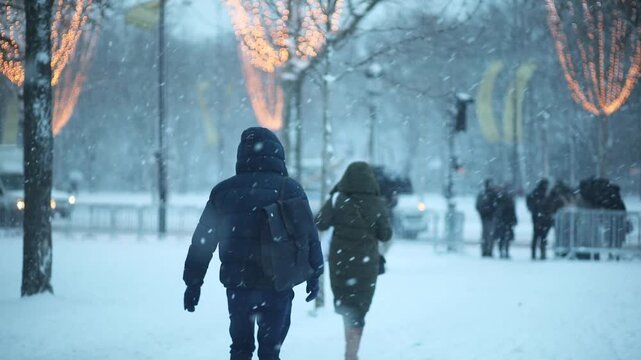 Pedestrians walk through heavy snowfall in Paris during winter. Decorative holiday lights are visible on trees, and people are dressed in warm winter clothing