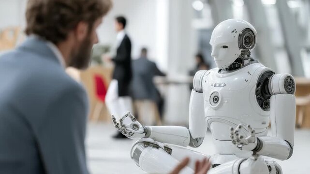 A professional man in a suit communicates with a sophisticated humanoid robot, symbolizing the integration of robotics in business. The setting reflects innovation and future technology trends