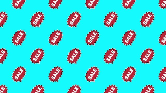 Animated red "Sale" stickers scrolling over a turquoise backdrop. Modern retro-inspired pattern for shopping advertisements, social media promo videos, and digital storefront banners