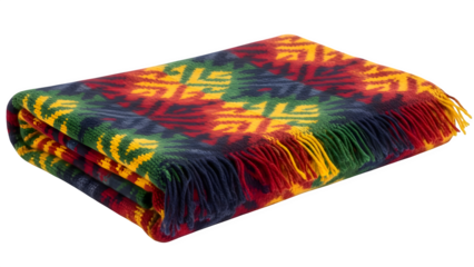 Vibrant multicolored tie-dye blanket with fringe edges neatly folded and stacked on top of each other against a white background for a cozy home decor or bedding solution.