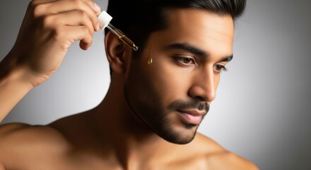 Obraz premium Man applying facial serum for healthy, glowing skin