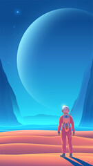 Colorful space background with an astronaut standing on an alien planet