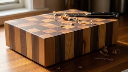 Premium End Grain Checkerboard Wooden Cutting Board with Kitchen Knife on Countertop
