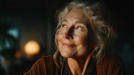 Senior female grandmother smiling while video-calling family through holographic display