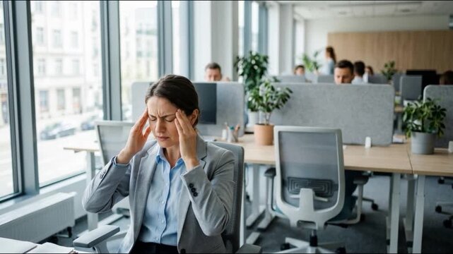 Stressed businesswoman experiencing headache at modern office desk, overwhelmed by workload and pressure, representing workplace burnout, stress, and mental fatigue.