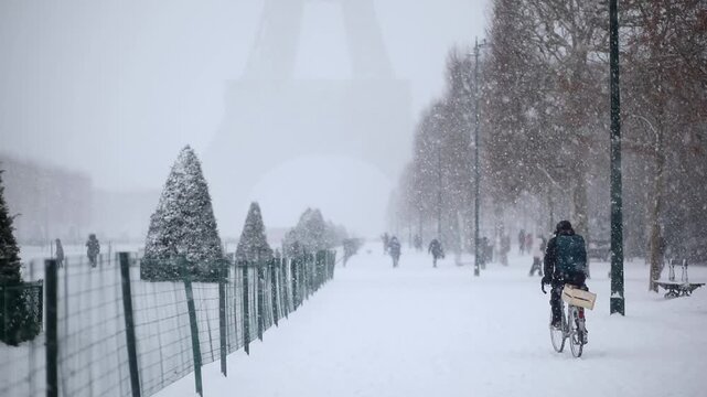 A person rides a bicycle through deep snow on the Champ de Mars in Paris, with the Eiffel Tower visible in the background. Other pedestrians walk along the snowy path during a cold winter day