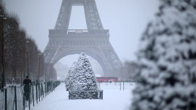 Scenic view of the Eiffel Tower in Paris during heavy winter snowfall, evoking a festive and serene holiday mood