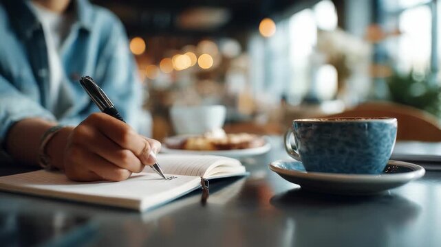 Focused individual taking notes or journaling at a stylish coffee shop table, with a cup of coffee nearby. The scene captures a trendy lifestyle moment of work, study, or reflection in a cafe