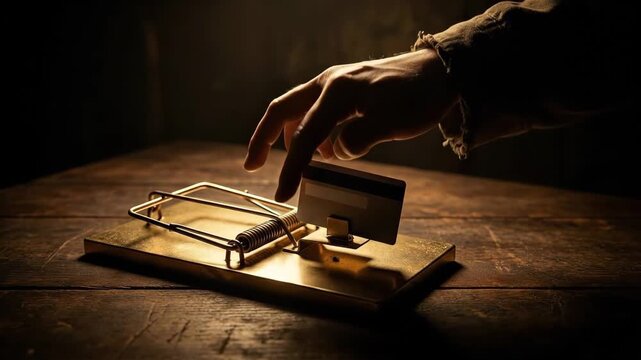 Hand reaching for a credit card on a mousetrap. Financial debt trap and fraud concept. World Consumer Rights Day