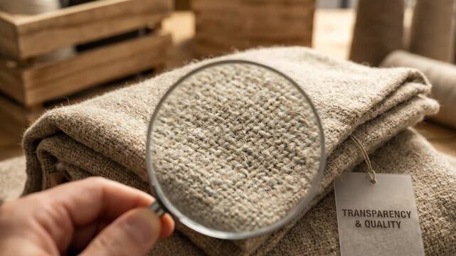 Hand inspecting fabric texture with a magnifying glass for quality control. Label reads Transparency and Quality. Concept for World Consumer Rights Day and ethical manufacturing