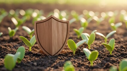 Organic agriculture protection and plant safety. Natural farming and seedling insurance. Wooden shield standing in soil to protect young green sprouts in a field
