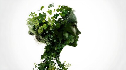 Silhouette profile of a woman with her form filled with vivid green foliage and leaves