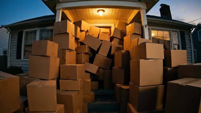 Suburban house entrance blocked by a massive pile of cardboard delivery boxes at dusk. Overflowing packages on porch steps representing consumerism or hoarding. World Consumer Rights Day concept