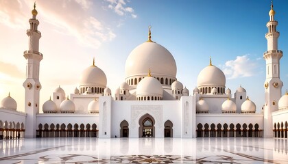 Grand White Mosque Exterior Reflecting On Water Under Blue Sky In Abu Dhabi