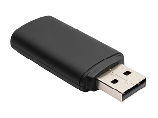 A compact black usb flash drive with an extended connector for data storage and transfer isolated on transparent background