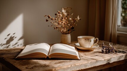 Open Book And Teacup On Rustic Table With Dried Flowers
