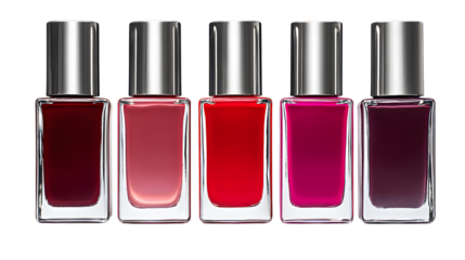 Five bottles of nail polish in different colors isolated on a transparent background 