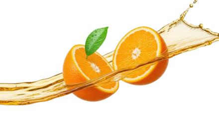 Two vibrant orange halves, one with a dewy green leaf, suspended in an explosive golden-orange liquid splash on a white background, concept for refreshing vitality and natural energy